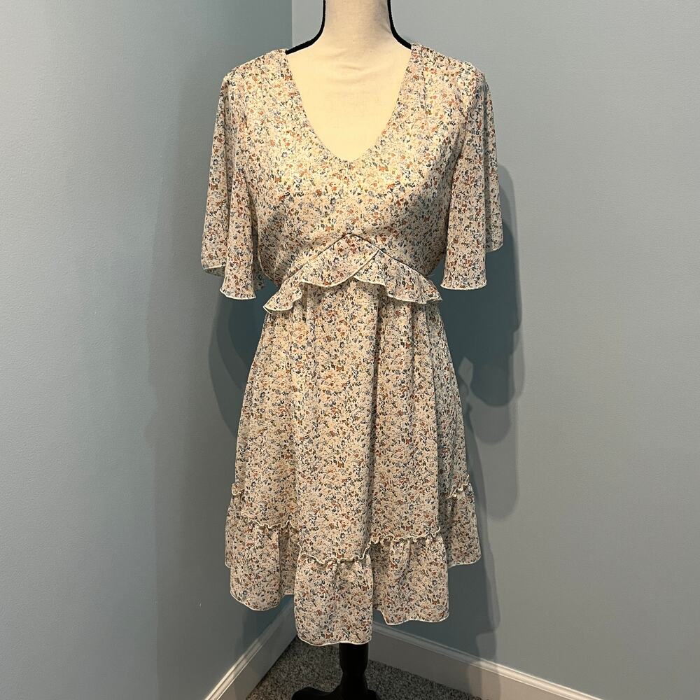 Women's Cottagecore Floral Tiered Ruffle Dress Boho Prairie Cream Blue Size S